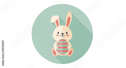Cute cartoon bunny with pink cheeks and striped shirt on green background smiling and looking forward