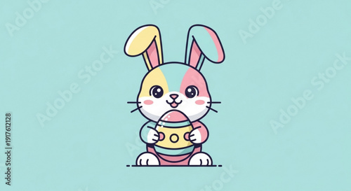 Colorful easter bunny holding eggs on pastel background cute cartoon character