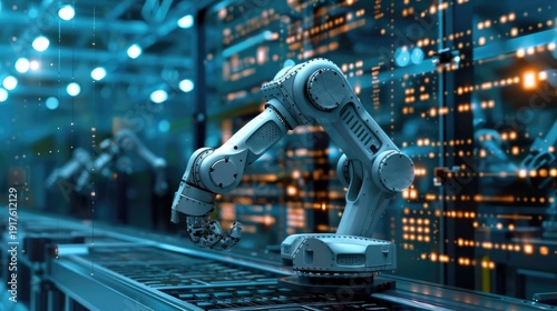 A sophisticated robotic arm works on an automated production line in a modern factory with glowing digital data streams symbolizing technological advancement and efficiency