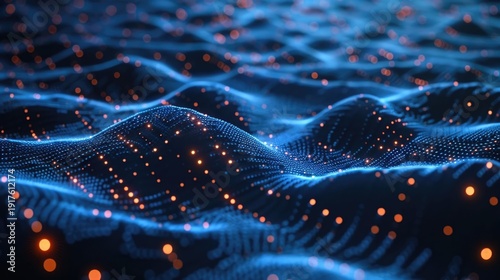 Abstract digital landscape visualized as a dynamic wavy surface composed of blue grid lines and scattered glowing orange particles suggesting data flow network connections and futuristic technology