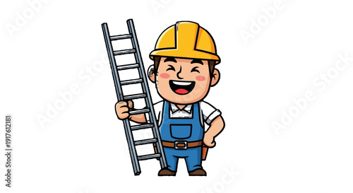 Happy construction worker enthusiastically holding a ladder, ready to assist, isolated white background.
