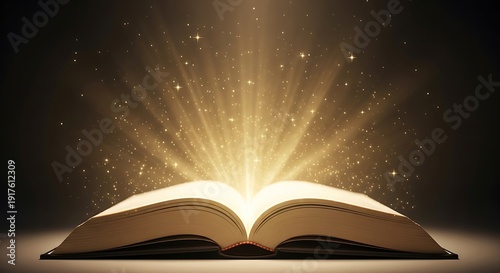 Illuminated open book radiates golden light and sparkles against a dark background, concept art