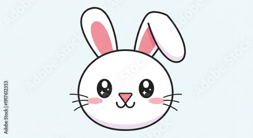Cute white bunny face with pink ears and rosy cheeks on light blue background smiling sweetly