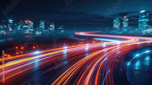 Dynamic streaks of red orange and blue light illuminate a dark futuristic urban highway at night depicting rapid movement and digital transformation concepts with a blurred cityscape