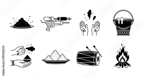 Black and white icons of various objects and symbols on a white background including a pile of powder a gun hands a crystal ball powder in hand a plate of pyramids a drum