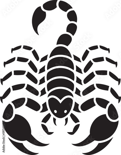 Black silhouette of scorpion with menacing pincers and segmented tail against gray checkered background