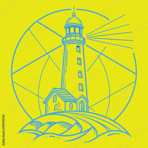 logo of a lighthouse emitting light beams, clean geometric outline, balanced composition, thin consistent strokes, modern