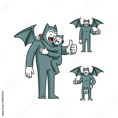 Cartoon man in bat costume holding cat and giving thumbs up on white background