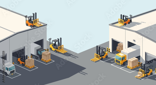 Isometric view of a busy warehouse with forklifts and trucks.