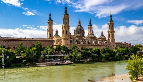 Grand basilica with ornate towers beside a river under a bright sky with fluffy clouds and lush greenery