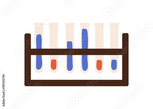 Laboratory rack with glass test tubes. Lab stand with glassware, chemical liquids. Holder for chemistry experiment, science research, analysis. Flat vector illustration isolated on white background