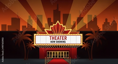 Vibrant movie theater entrance with red carpet and city skyline at sunset