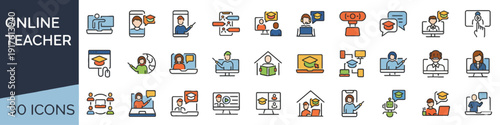 Collection of educational icons representing online teaching and learning in various settings from different viewpoints