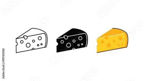 High-quality vector illustration of three different cheese types including Swiss, cheddar, and gouda, perfect for food packaging, recipes, and dairy product designs.