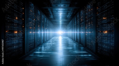 Modern data center server room with glowing blue LED lights rows of computing hardware digital network connections overlay perfect for sovereign AI data independence technology infrastructure concept.