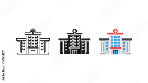 Clean and professional vector illustration of modern hospital and medical buildings with red cross symbols, ideal for healthcare, insurance, and urban planning projects.