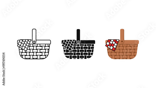 Clean and modern vector illustration of three stylish woven shopping baskets in different patterns and colors, perfect for retail, eco-friendly, and home decor projects.