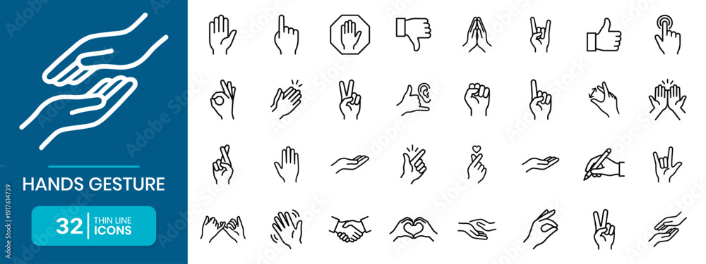 Fototapeta premium Hand Gestures and Sign Language Signals Thin Line Icon Set