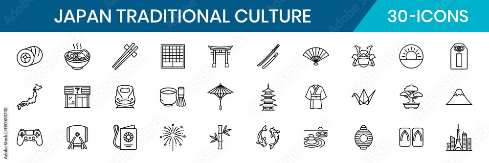 Fototapeta premium Japan Traditional Culture and Landmark Minimal Thin Line Icons