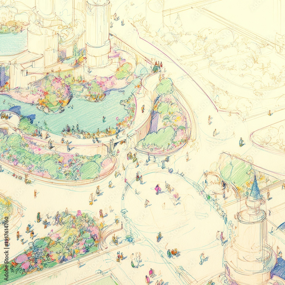 Fototapeta premium Architectural rendering of a bustling outdoor space with people, gardens, and buildings