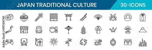 Japan Traditional Culture and Landmark Minimal Thin Line Icons