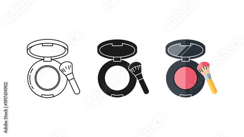 High-quality image of three open makeup compacts with brushes, featuring black, pink, and neutral shades, perfect for beauty and cosmetic product promotions.