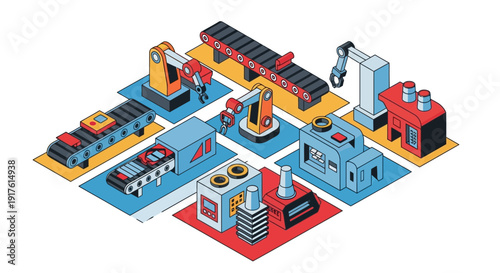 Isometric Industrial Automation and Manufacturing Process Illustration.