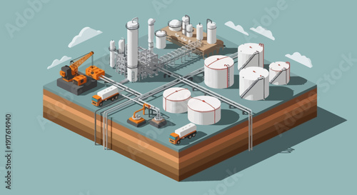 Isometric Oil and Gas Refinery Complex with Storage Tanks and Drilling Rig.