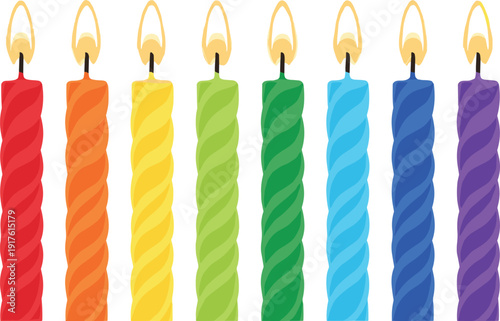 Colorful birthday candle illustration set featuring rainbow twisted wax candles with flames, festive party decoration vector collection isolated on white background