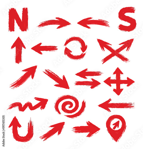 Grunge hand drawn arrow set featuring multiple directional, circular, and spiral shapes with N and S letters for indicating direction and artistic design