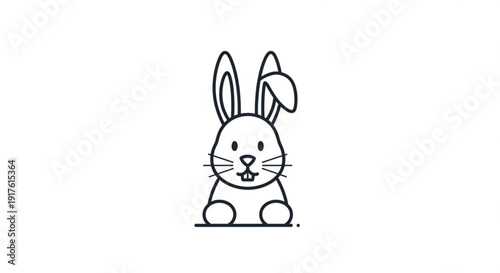 Simple black and white line drawing of a cute cartoon rabbit with large ears and whiskers sitting on a plain white