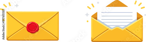 Cartoon style envelope set featuring a closed envelope with a wax seal and an open letter for communication