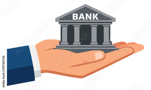 Flat vector illustration of a hand depicting a bank building for financial services