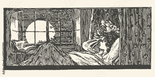 Vintage illustration of a woman in bed, looking out a window at moonlight, with ornate curtains and a book, evoking a sense of peaceful solitude and contemplation.