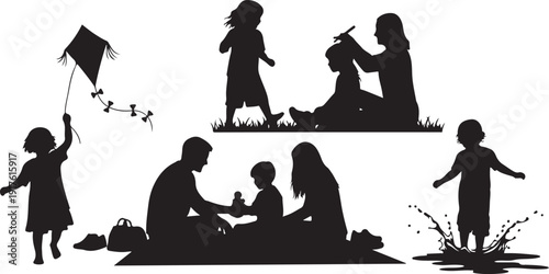Family Picnic and Playtime Silhouettes: Kite Flying Beach Fun and Splashing Isolated on white background