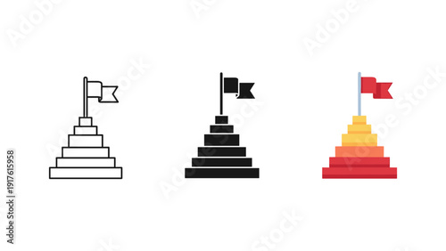 Clean and modern 3D vector illustration of three award podiums in gold, silver, and red with flags, symbolizing competition, success, and achievement in a professional setting.