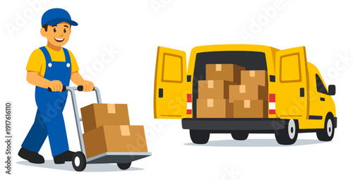 Modern flat illustration of a delivery man and van depicting shipping service for logistics