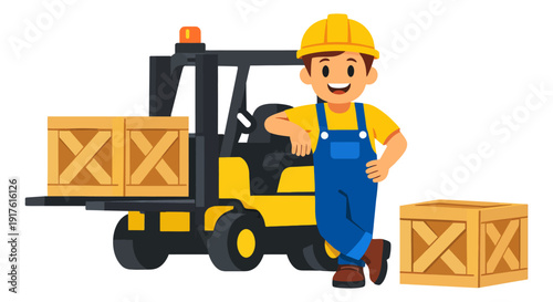 Modern illustration of a worker with a forklift depicting logistics and shipping for industrial services