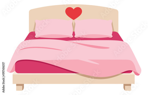 Modern cartoon illustration of a bed depicting pink bedding and a heart for romantic comfort
