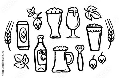 Beer Collection, Illustrations set with beer glasses, bottle, can, opener in a simple doodle style. Ink black hand drawn line illustration on white background