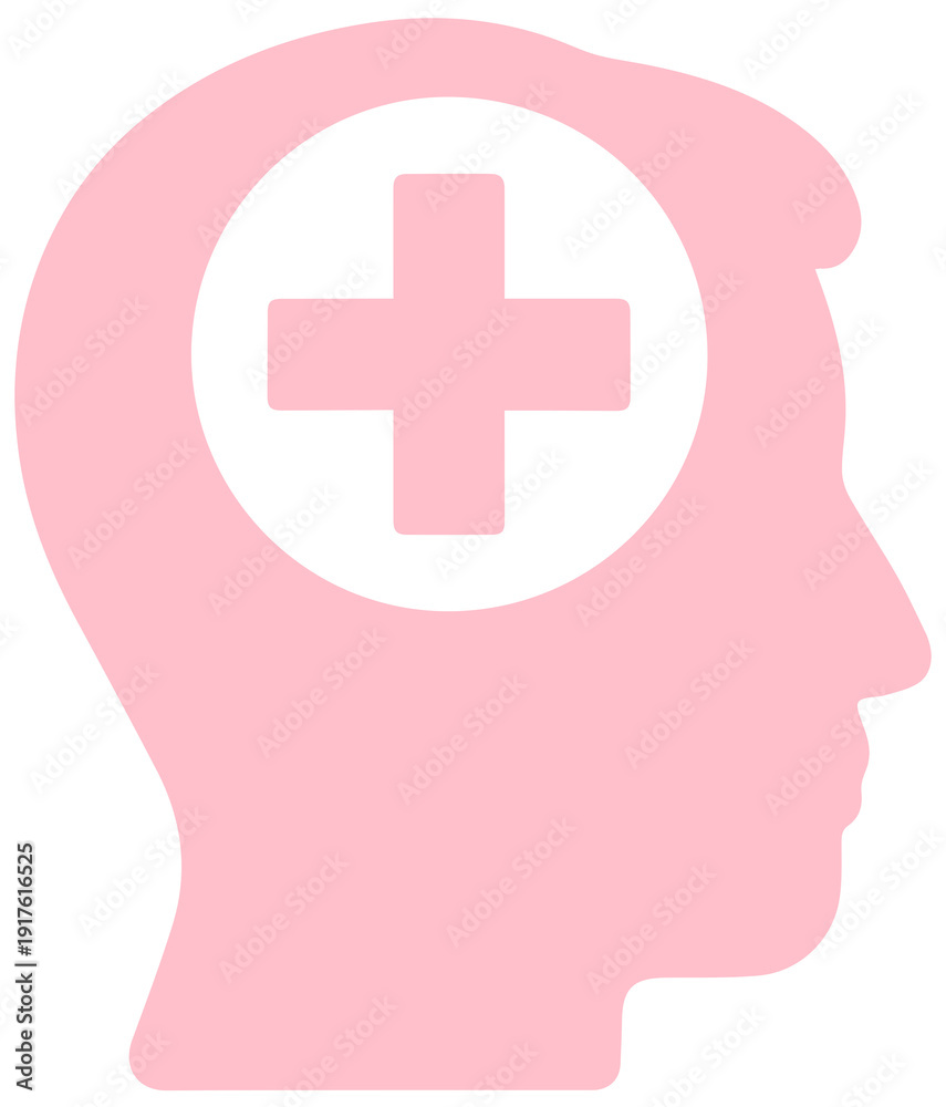 Obraz premium Pink Silhouette of Human Head Profile with Medical Cross Icon Isolated on Transparent PNG