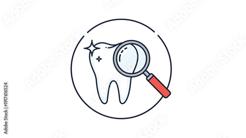 Close-up illustration of a clean white tooth being examined through a magnifying glass to symbolize dental health and hygiene care.