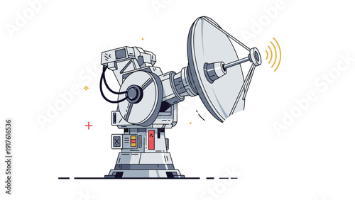 Modern satellite dish communications antenna mounted on a technological base and transmitting signals into the atmosphere for data.