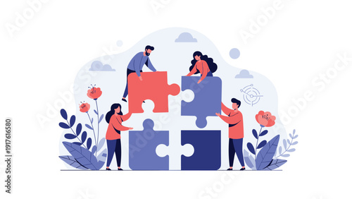 Four professional people working together to connect giant colorful puzzle pieces against a blue cloud background for teamwork.