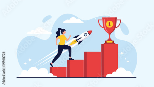Determined woman runs up stairs towards a victory trophy while a rocket ship launches beside her to symbolize rapid success.
