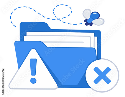 Flat illustration of a file folder depicting an error bug for data security
