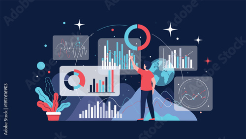 Data scientist analyzes complex financial charts and graphs on a digital dashboard set against a dark starry background.