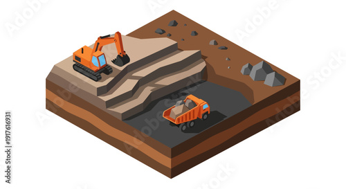 Isometric Mining Operation with Excavator and Dump Truck.