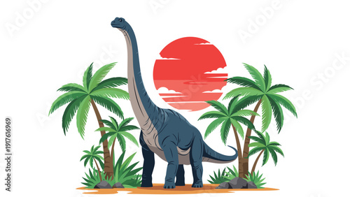 Long necked brachiosaurus dinosaur stands peacefully among tropical palm trees against a large red setting sun.