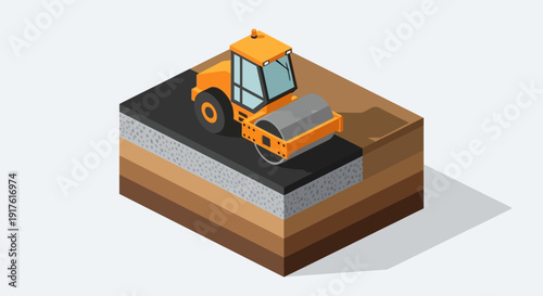 Isometric Road Roller Paving Asphalt on Layered Ground Section.